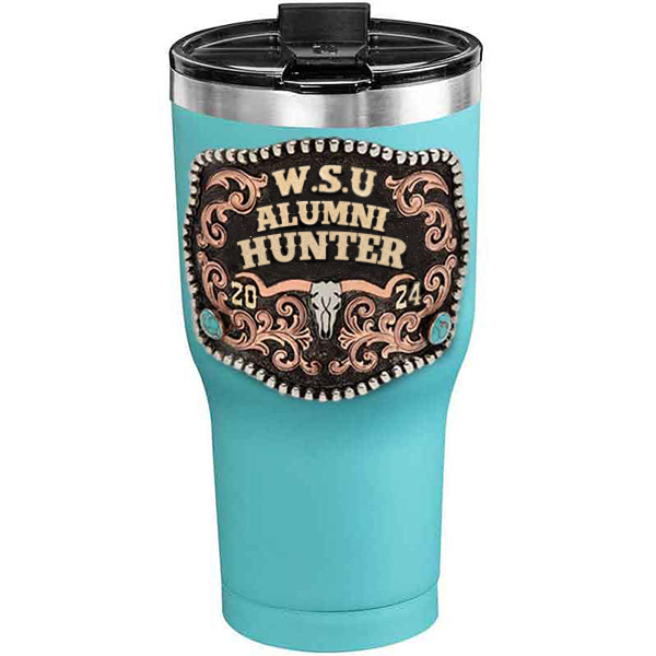 A customized tumbler made of stainless steel with a personalized engraved initials and Alumni Hunter lettering, 30 oz, ideal for coffee or cool drinks